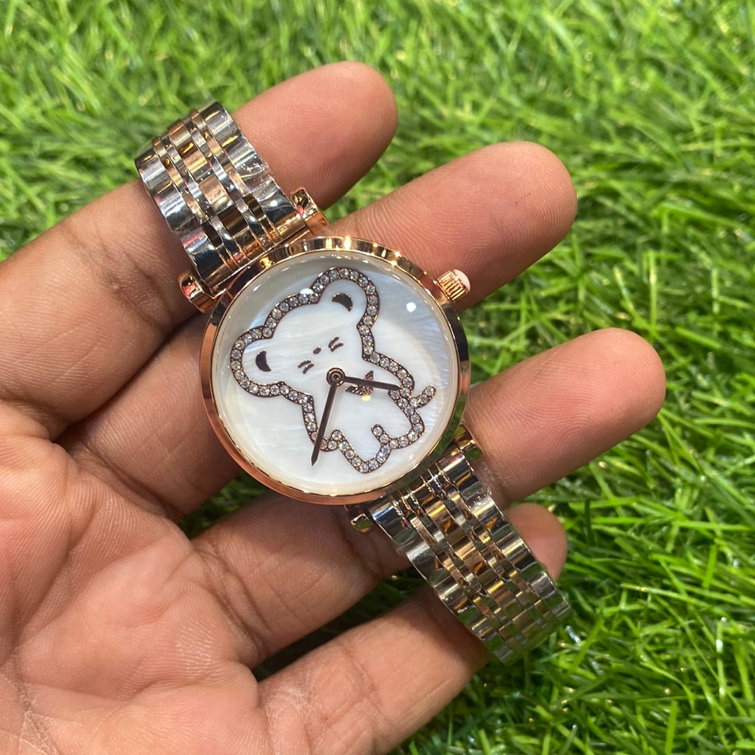 Copper Silver Chain White Teddy Print Stud Dial Ladies Watch