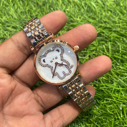Copper Silver Chain White Teddy Print Stud Dial Ladies Watch
