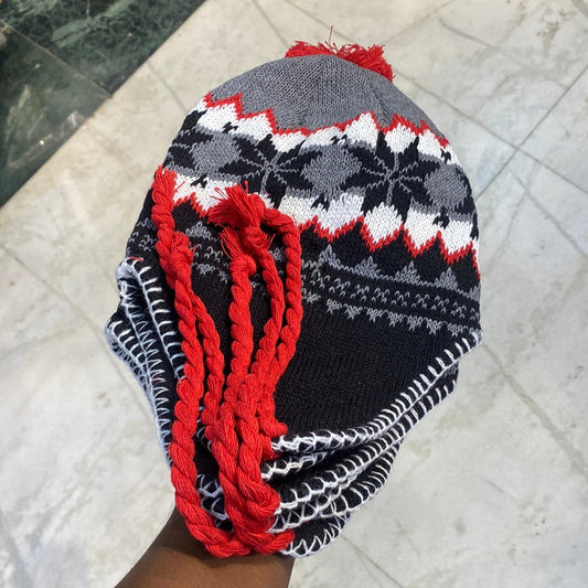 Red Grey Black Colour Ear flaps features braided tassels Beanie Cap 9337