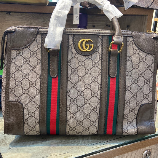 Cug Brown Cream Colour GG Print Red Green Stripe Design Premium Quality Ladies Hand Tote Bag Ladies Bag 50045