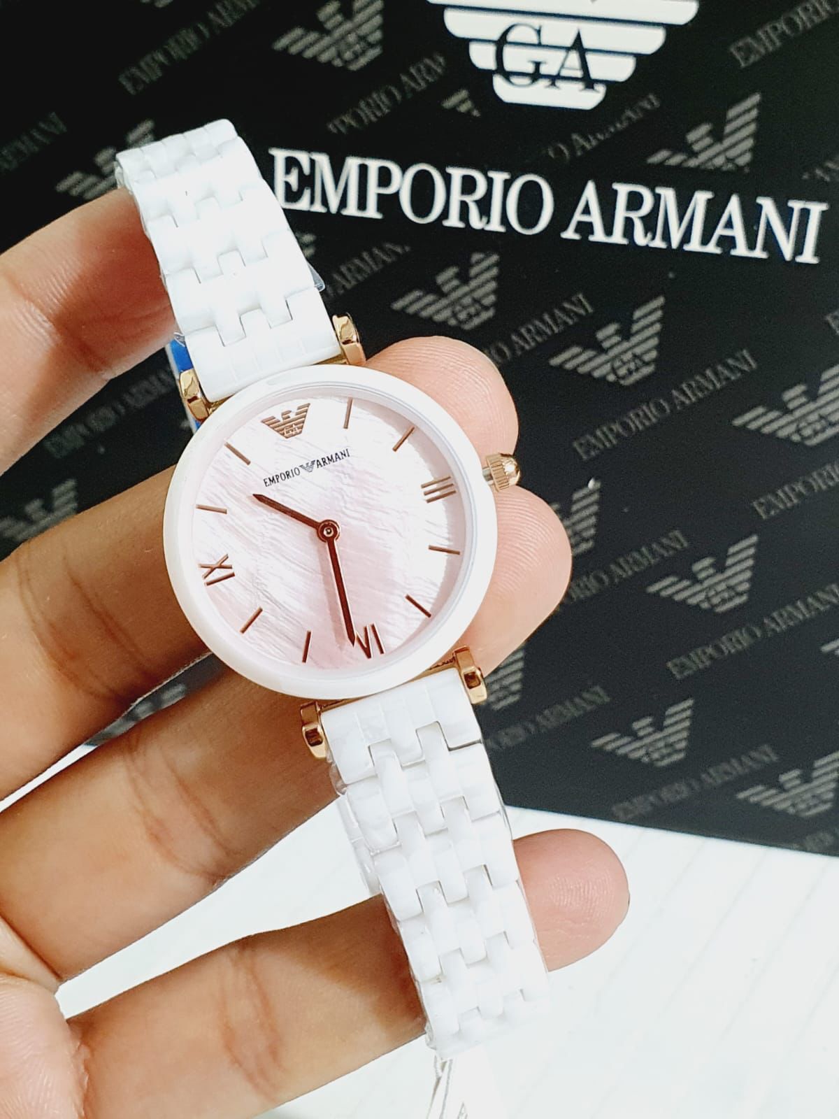 Mra White Chain Pink Copper Dial Ceramica Ladies Watch