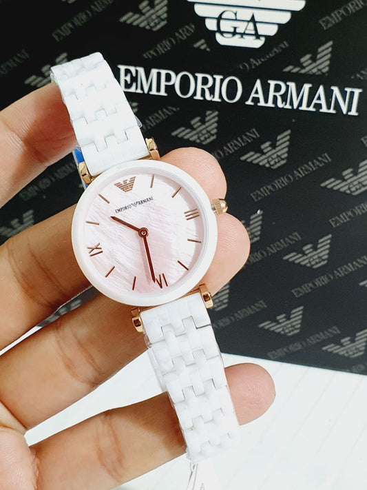 Mra White Chain Pink Copper Dial Ceramica Ladies Watch
