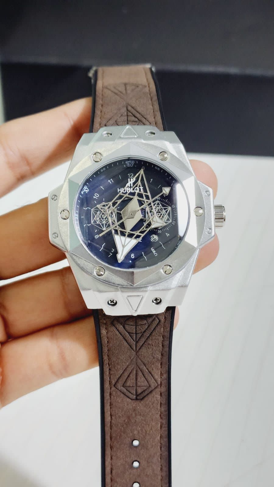 BUH Brown Strap Silver Ring Black Dial Men Watch
