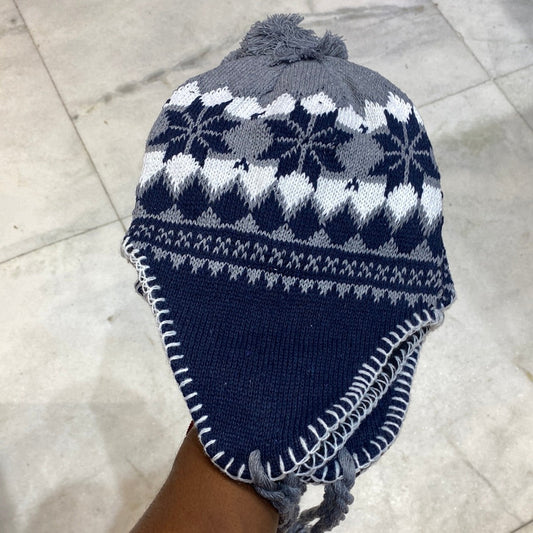Grey White Navy Blue Colour Ear flaps features braided tassels Beanie Cap 9339