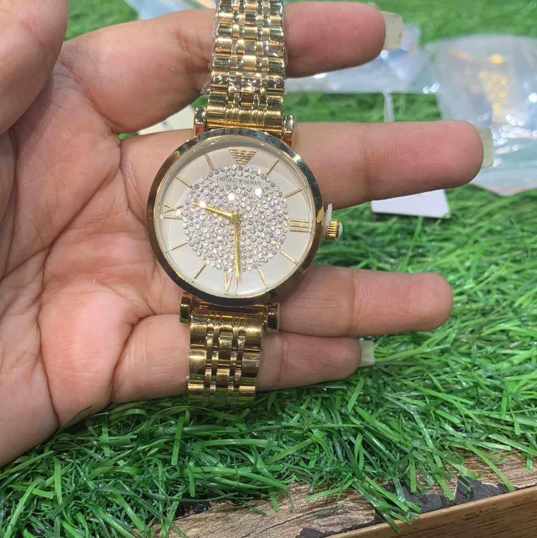 Mra Gold Chain White Dial  Stud Ladies Watch 400458