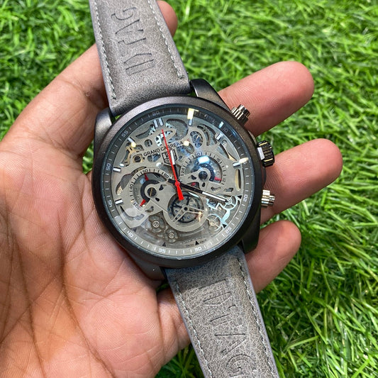 Grey Leather Strap Black Ring Grey Dial Chronograph Working Men’s Watch 401169