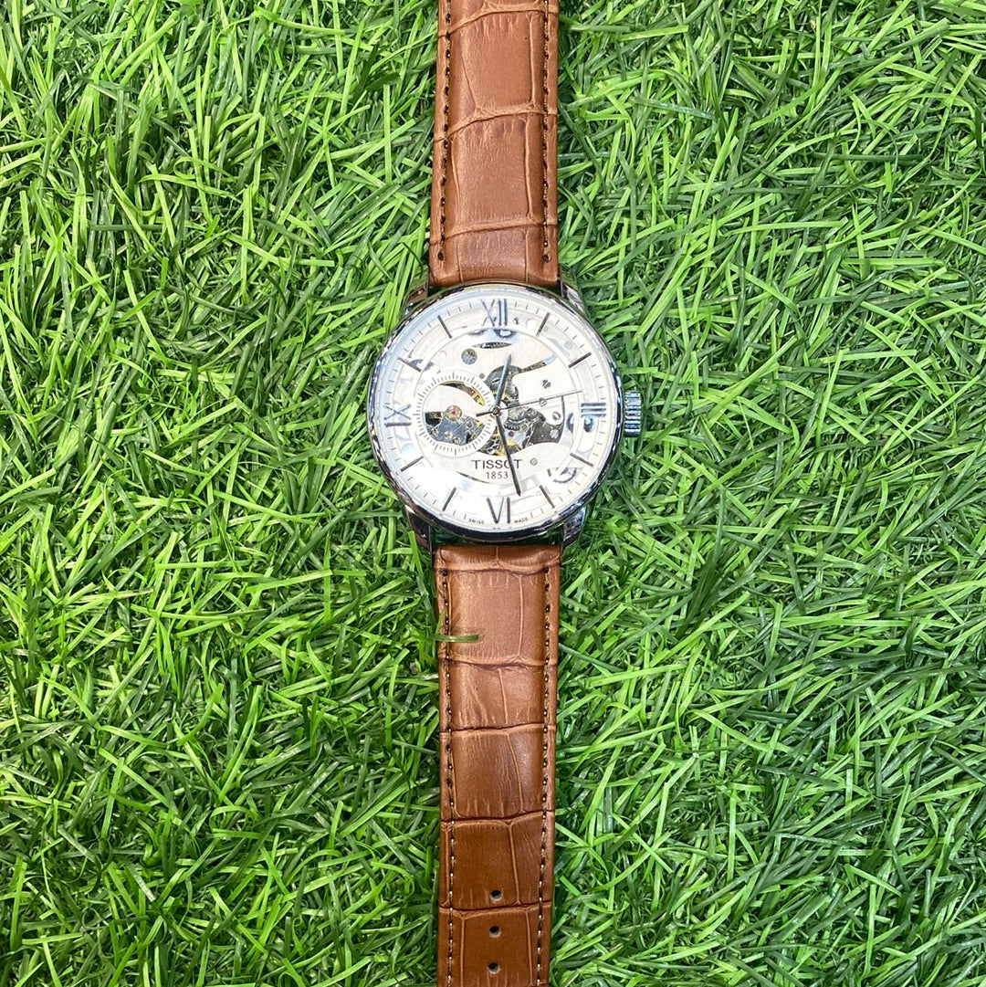 Sit Brown Strap Silver Dial Automatic Watch For Men 400706