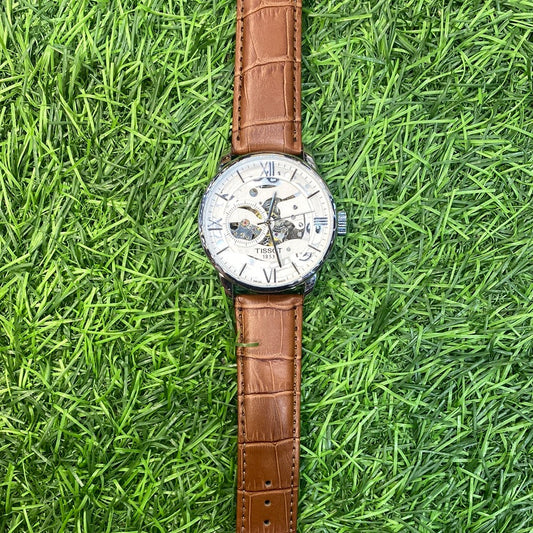 Sit Brown Strap Silver Dial Automatic Watch For Men 400706