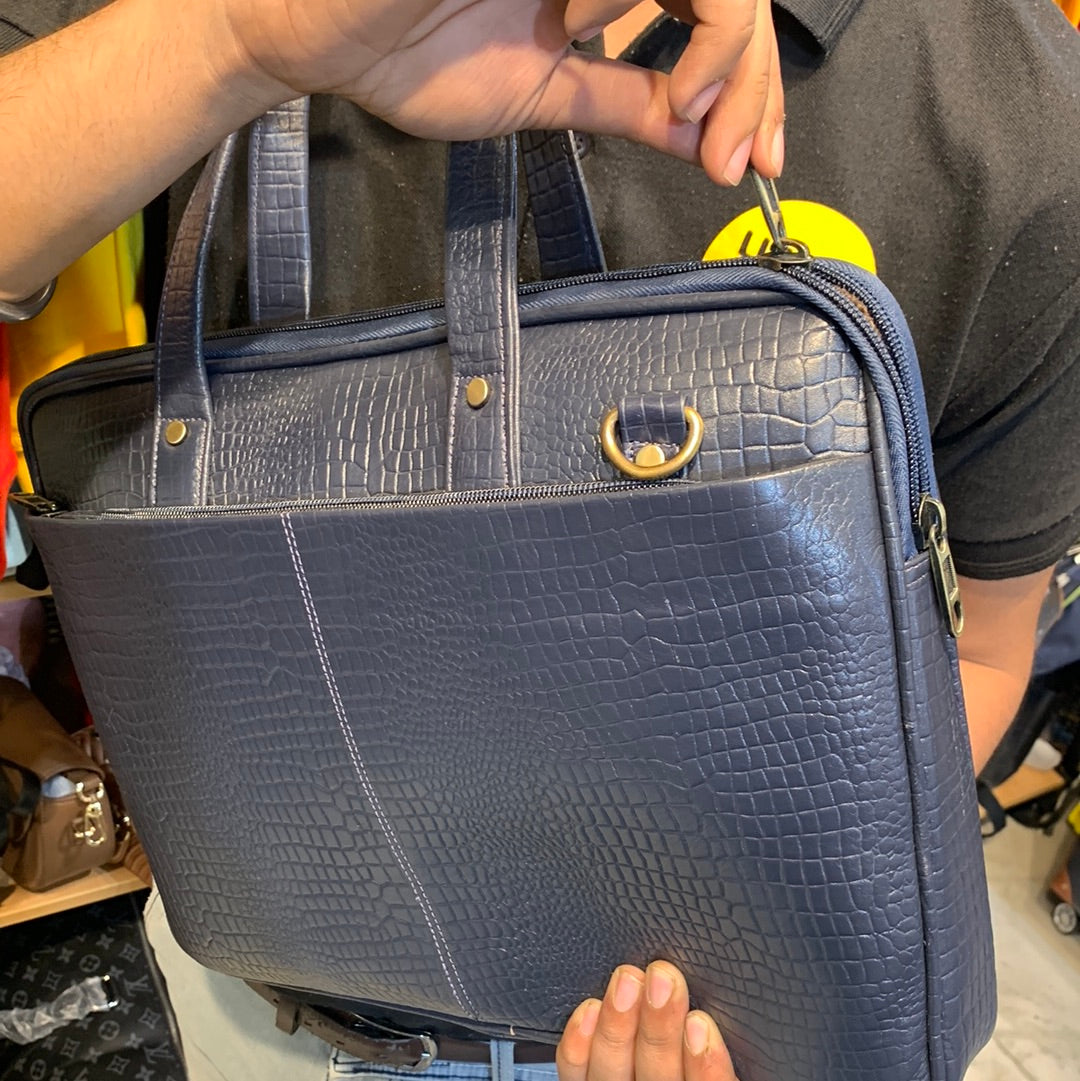 Navy Blue Colour Genuine Leather  Heavy Quality Crock Print Laptop Bag 4217