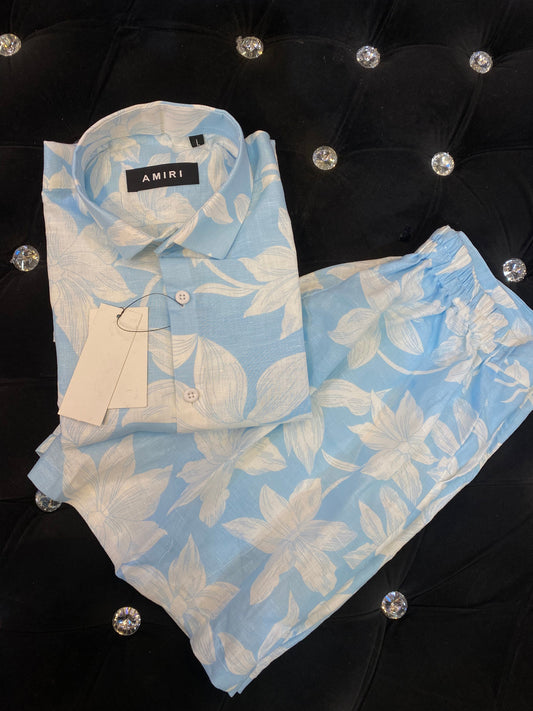 IMA Sky Blue Colour With White Flower  Print Important Shirt With Shorts Coord Set 298170