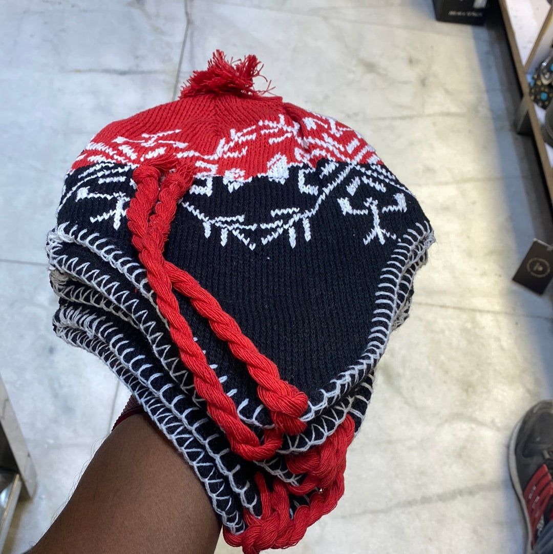 Red Black Colour Ear flaps features braided tassels Beanie Cap 9341