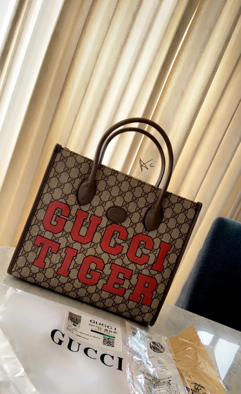 CUG GUC Brown Colour Authentic Red Tigers Word Print Ladies Tote Bag 9303