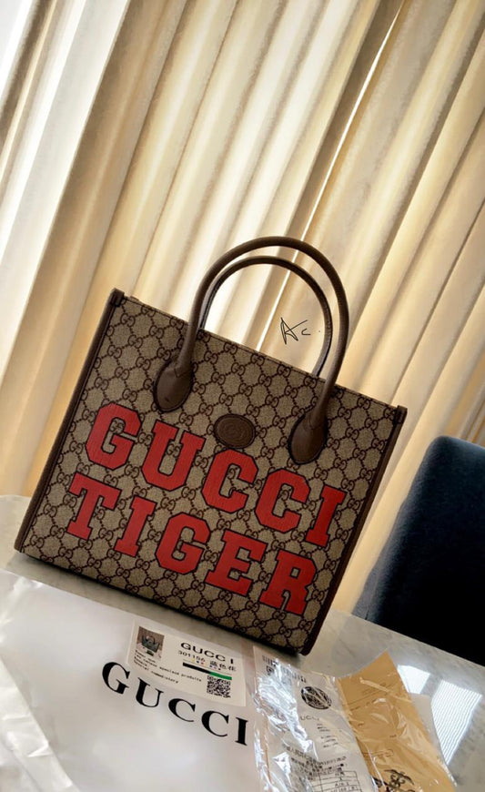 CUG GUC Brown Colour Authentic Red Tigers Word Print Ladies Tote Bag 9303