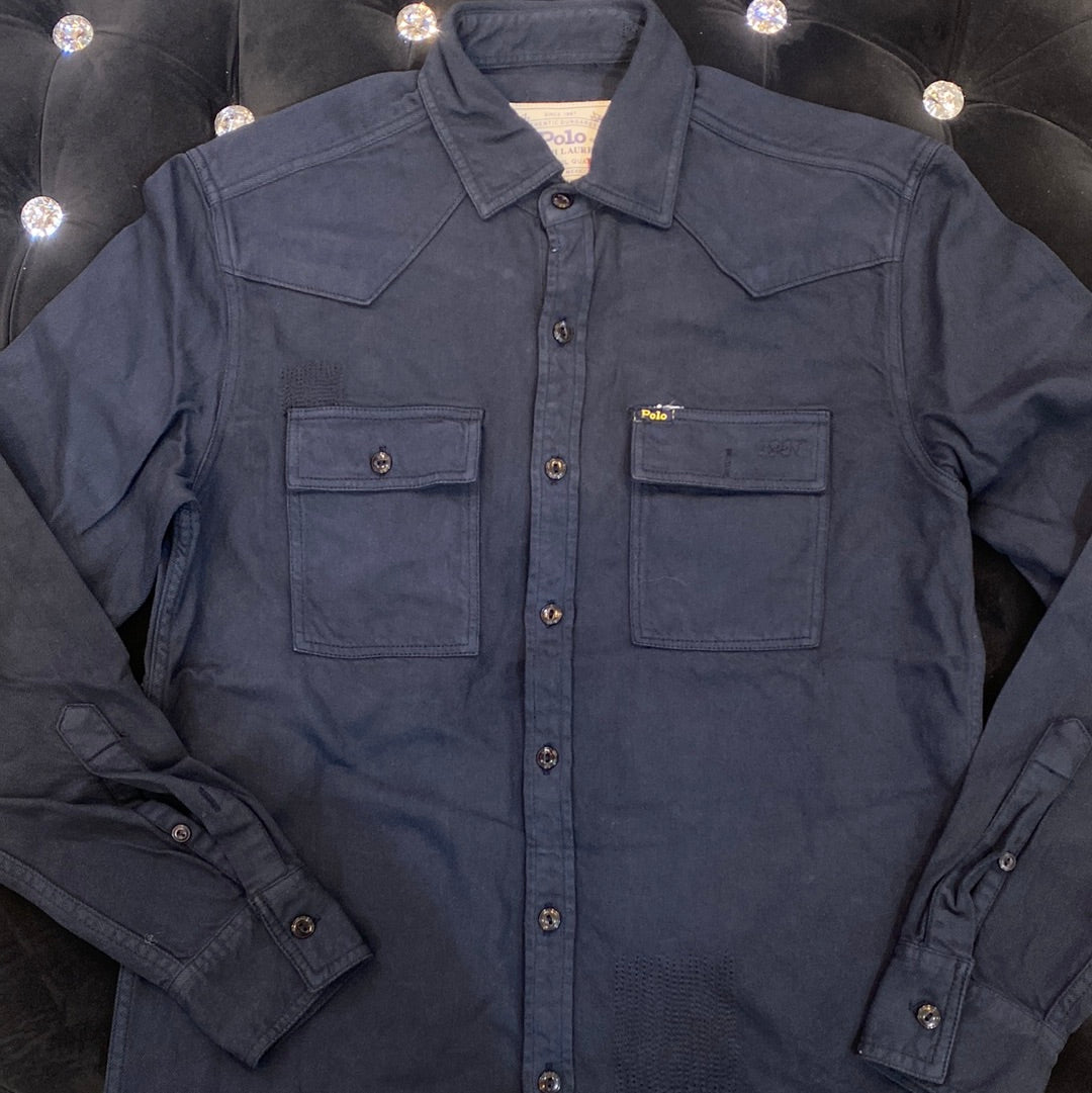 Navy Blue Colour LOP Branded Rough Ripped Look Design Imported Denim Shirt 78966